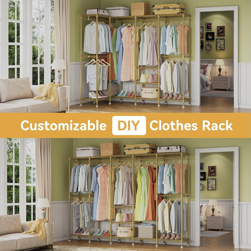Higeego H5 Large Wire Garment Rack, Heavy Duty Clothes Racks, Wardrobe Closet Rack for Hanging Clothes, Freestanding Clothing Racks with Adjustable Shelf, 93.3' Wx15.7 Dx75.4 H, Gold, Load 1400 lbs
