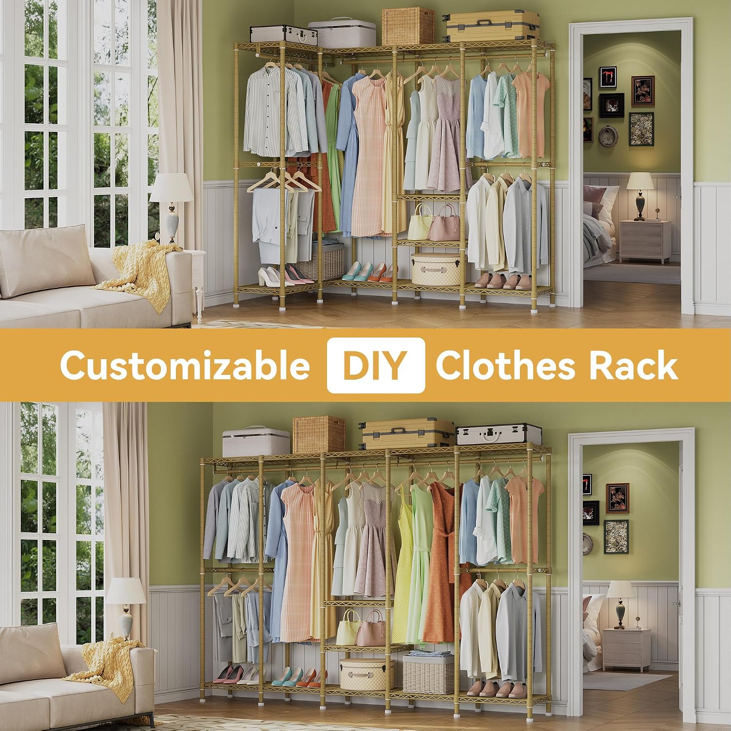 Higeego H5 Large Wire Garment Rack, Heavy Duty Clothes Racks, Wardrobe Closet Rack for Hanging Clothes, Freestanding Clothing Racks with Adjustable Shelf, 93.3' Wx15.7 Dx75.4 H, Gold, Load 1400 lbs