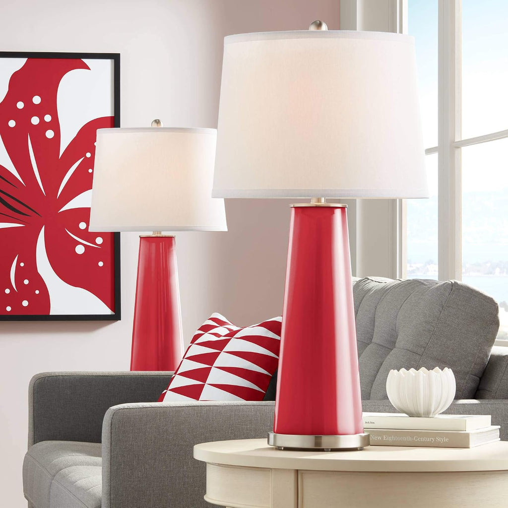 Color + Plus Leo Modern Table Lamps 29 1/2' Tall Set of 2 Ribbon Red Glass Tapered Column Plain White Drum Shade Decor for Bedroom Living Room House Home Bedside Nightstand Office Family