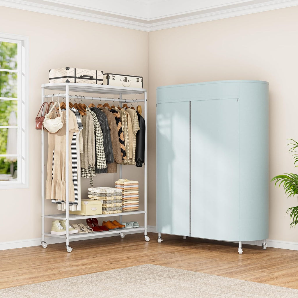 Clothes Rack with Cover, Heavy Duty Portable Closet for Hanging Clothes, Rolling Clothing Closet, Garment Rack with Wheels&Side Hooks, Closet Organizers and Storage with Cover, Max Load 380LBS, White