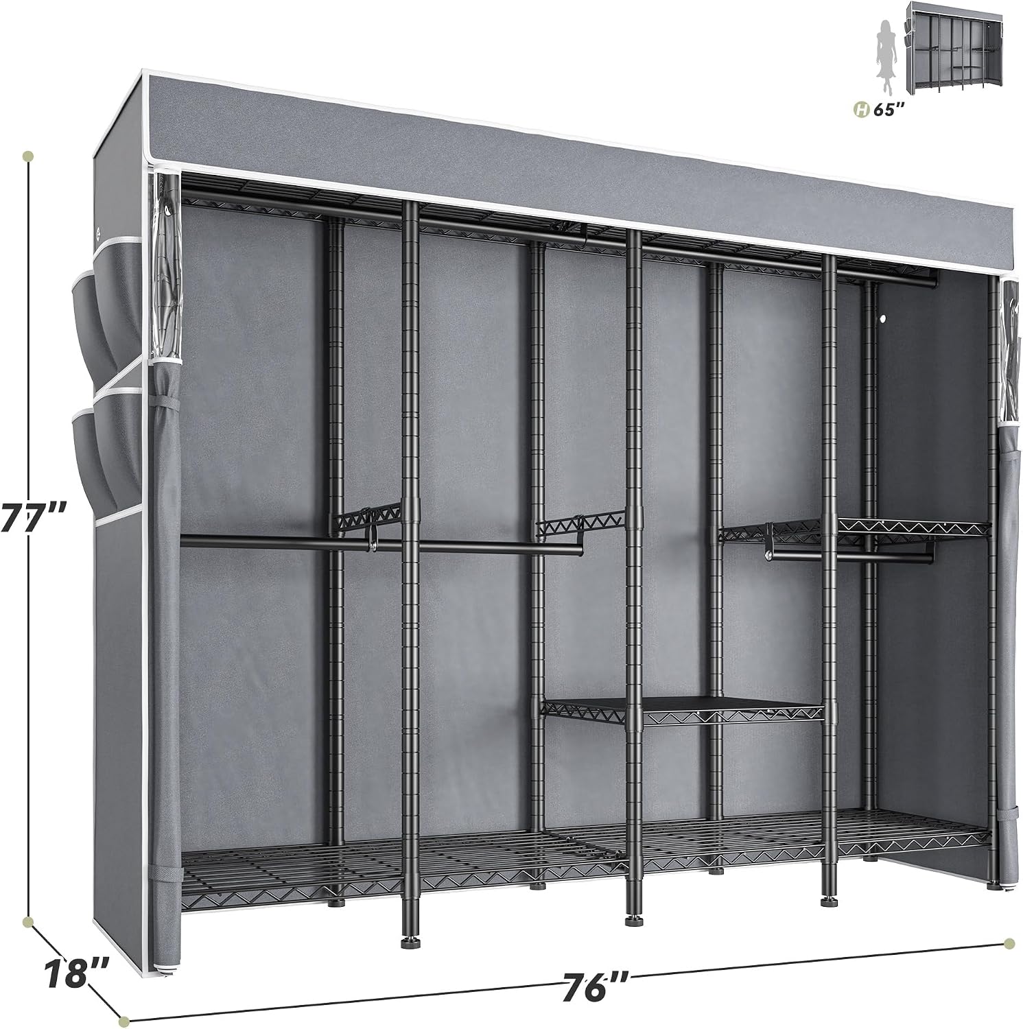 Raybee Clothes Rack with Cover,Clothing Rack for Hanging Clothes,Portable Closet,Adjustable,1150LBS,18' D x 76' W x 77' H,Black