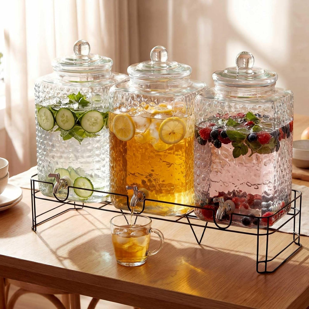 3 Pack 5 Gallon Glass Drink Dispensers with Stand for Party, Leak Proof Large Beverage Dispensers Jugs with Stainless Steel Spigots for Party, Wedding, Juice, Lemonade Iced Tea and More