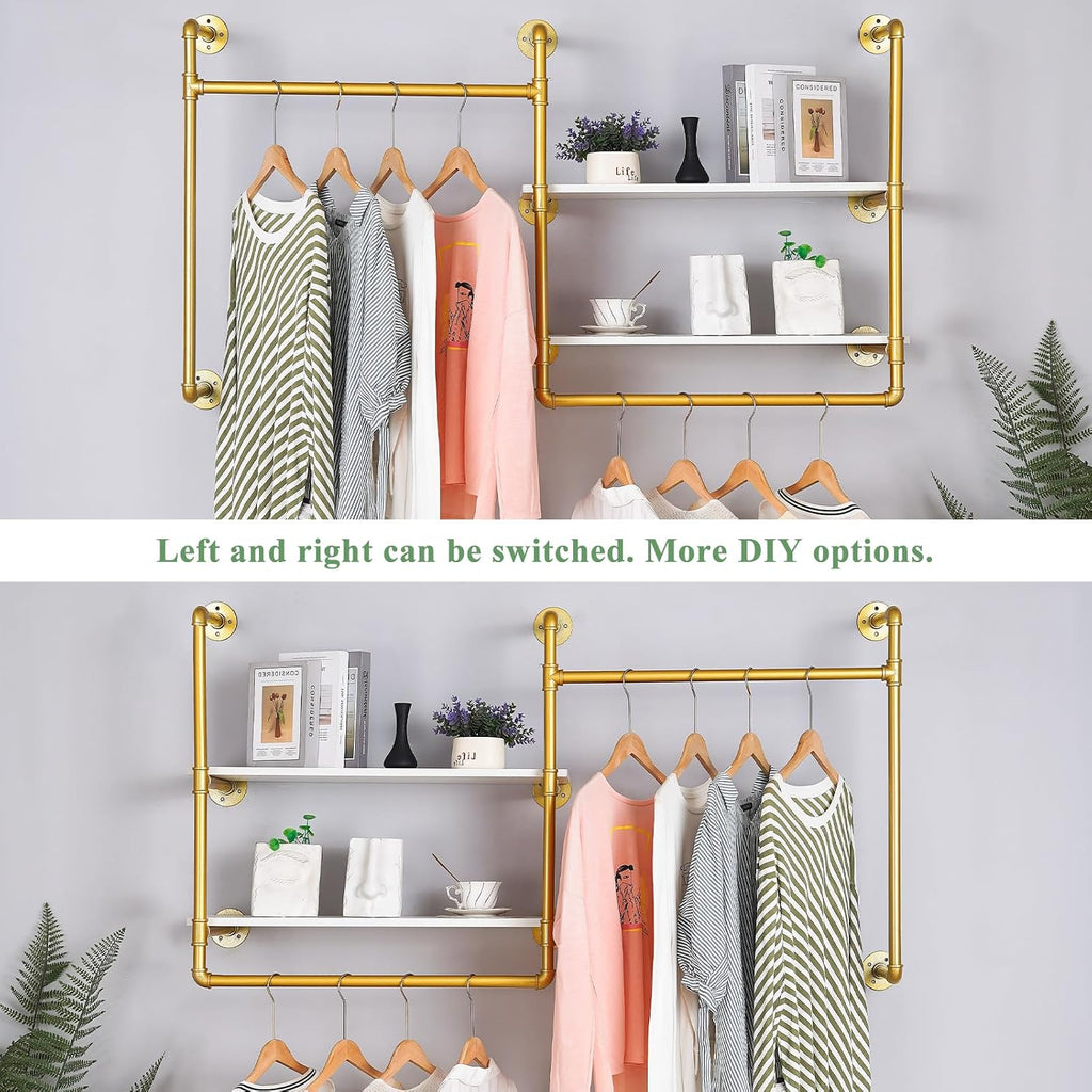 Industrial Pipe Wall-Mounted Clothing Rack with 2 Wood Shelves - Heavy Duty Double Rod Metal Garment Organizer for Bedroom/Retail Stores, Gold (30H×12.5D×59W inch)