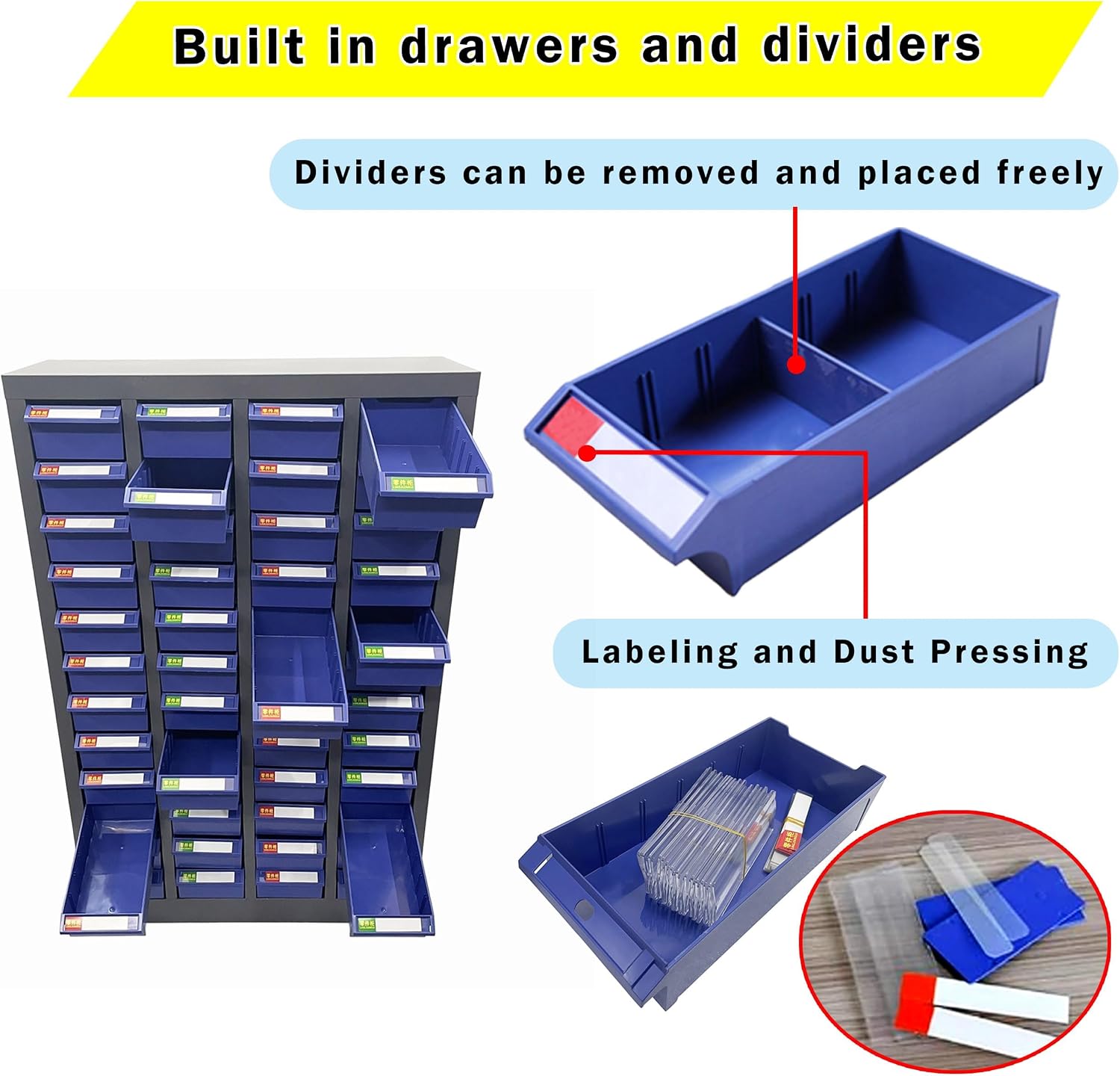 Parts Cabinet 48 Drawer Parts Drawer Storage Bolt Bins Organizer Storage Steel Tool Chest ABS/PS Material with Partitions and Labels