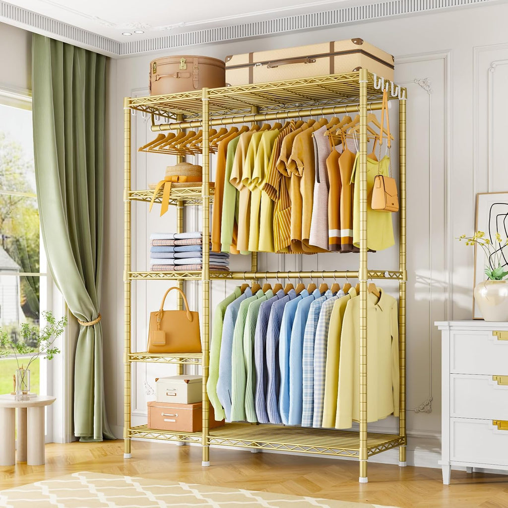 Ulif F2 Clothes Rack, 5 Tiers Heavy Duty Garment Rack for Bedroom, Freestanding Adjustable Closet Storage Organizer, 46.1' W x 15.4' D x 78.3' H, Load 630lbs, Upgraded Gold