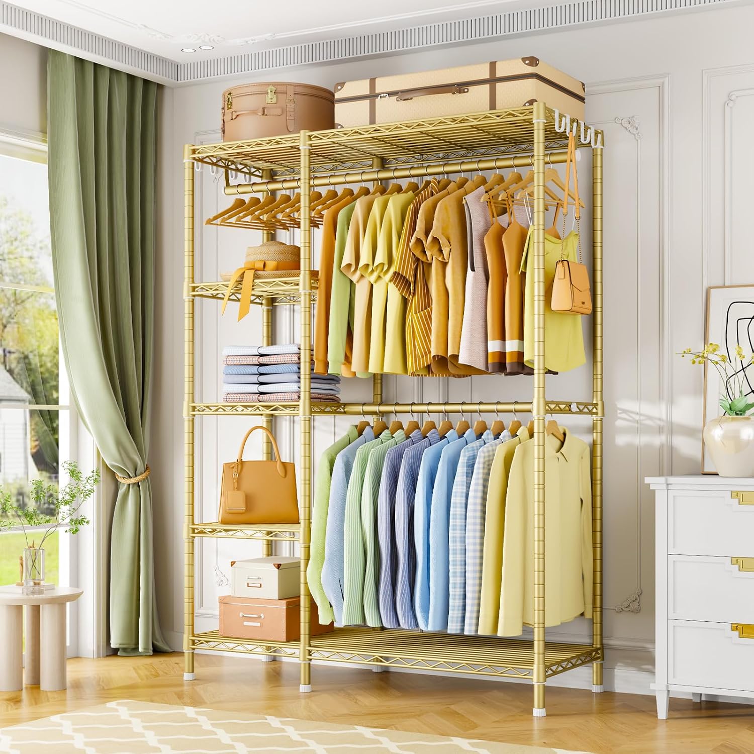 Ulif F2 Clothes Rack, 5 Tiers Heavy Duty Garment Rack for Bedroom, Freestanding Adjustable Closet Storage Organizer, 46.1' W x 15.4' D x 78.3' H, Load 630lbs, Upgraded Gold