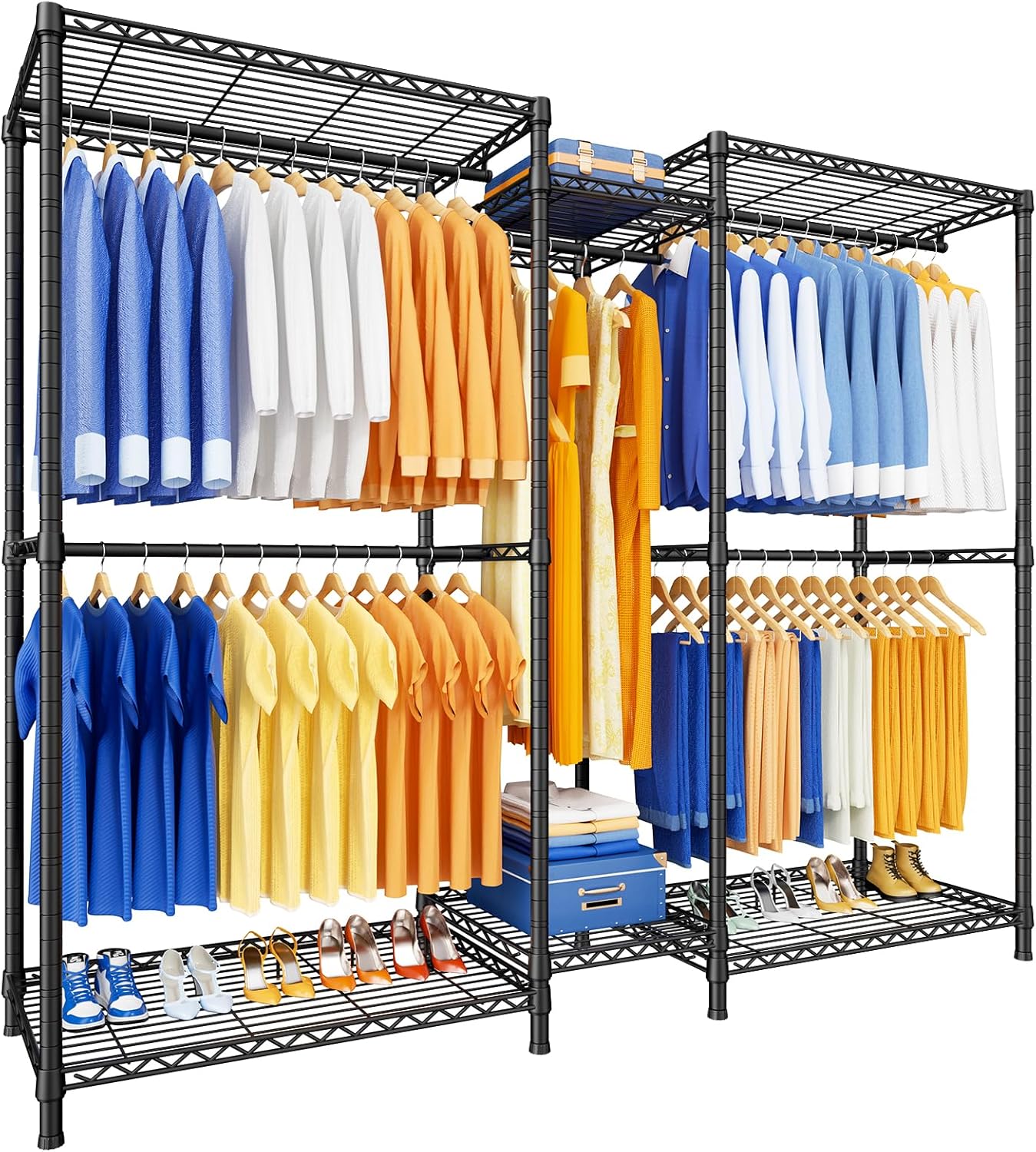 Ulif E12 Pro Clothes Rack，Heavy Duty Freestanding Garment Rack with Shelves，Metal Clothing Closet Storage System for Hanging Clothes，71' W x 16' D x 76.5' H, Hold 960 lbs，Black