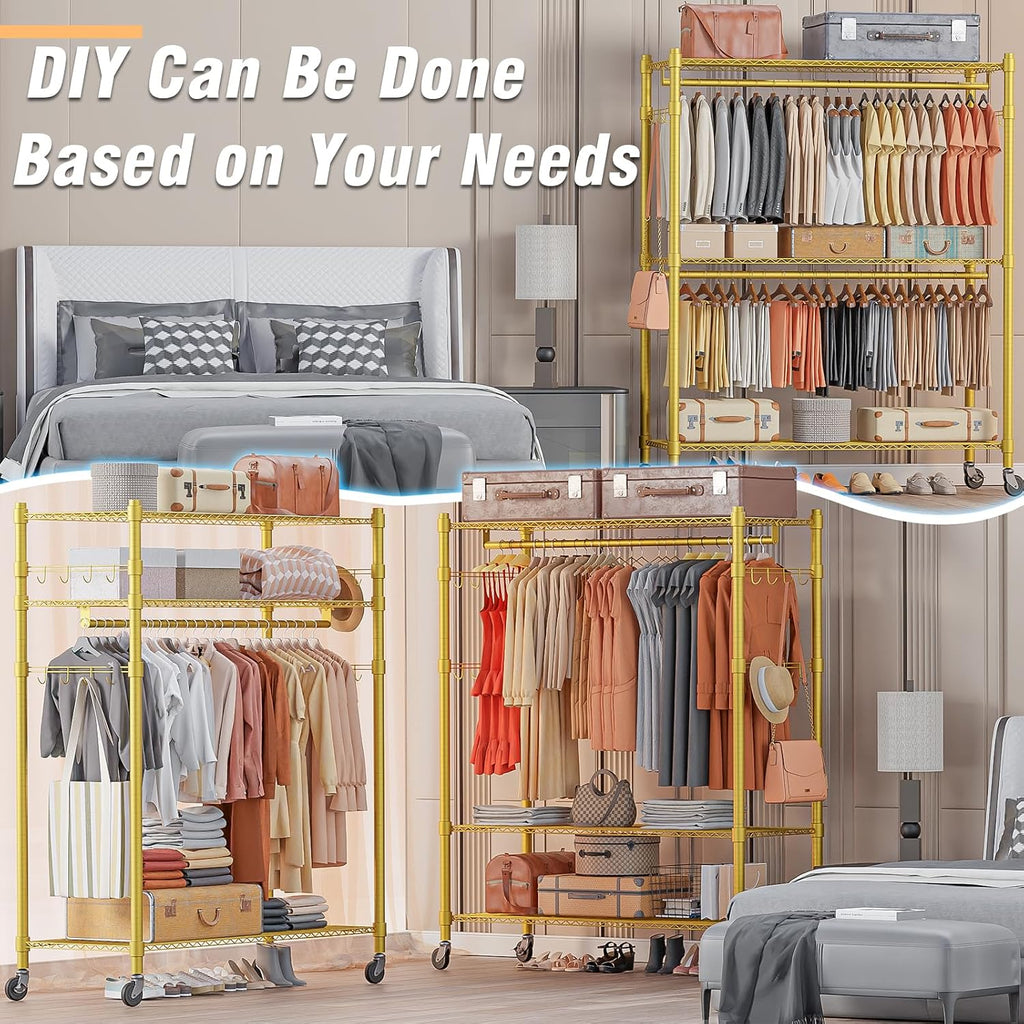 Homdox Gold Heavy Duty Clothes Rack with Wheels, 3-Tier Rolling Metal Garment Organizer with Double Hanging Rods & Hooks, Freestanding Portable Closet, 17.72' D x 47.24' W x 80.71' H