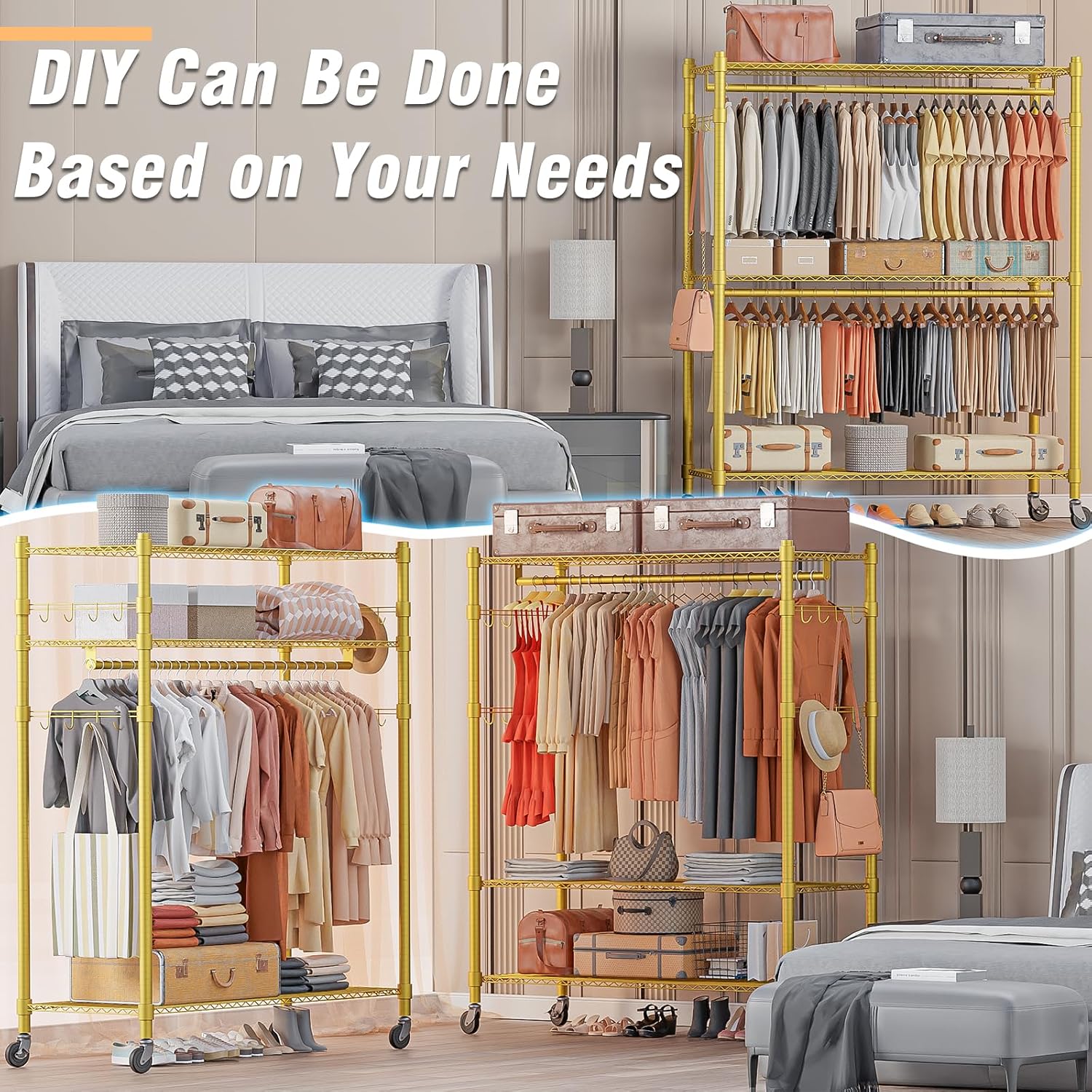 Homdox Gold Heavy Duty Clothes Rack with Wheels, 3-Tier Rolling Metal Garment Organizer with Double Hanging Rods & Hooks, Freestanding Portable Closet, 17.72' D x 47.24' W x 80.71' H