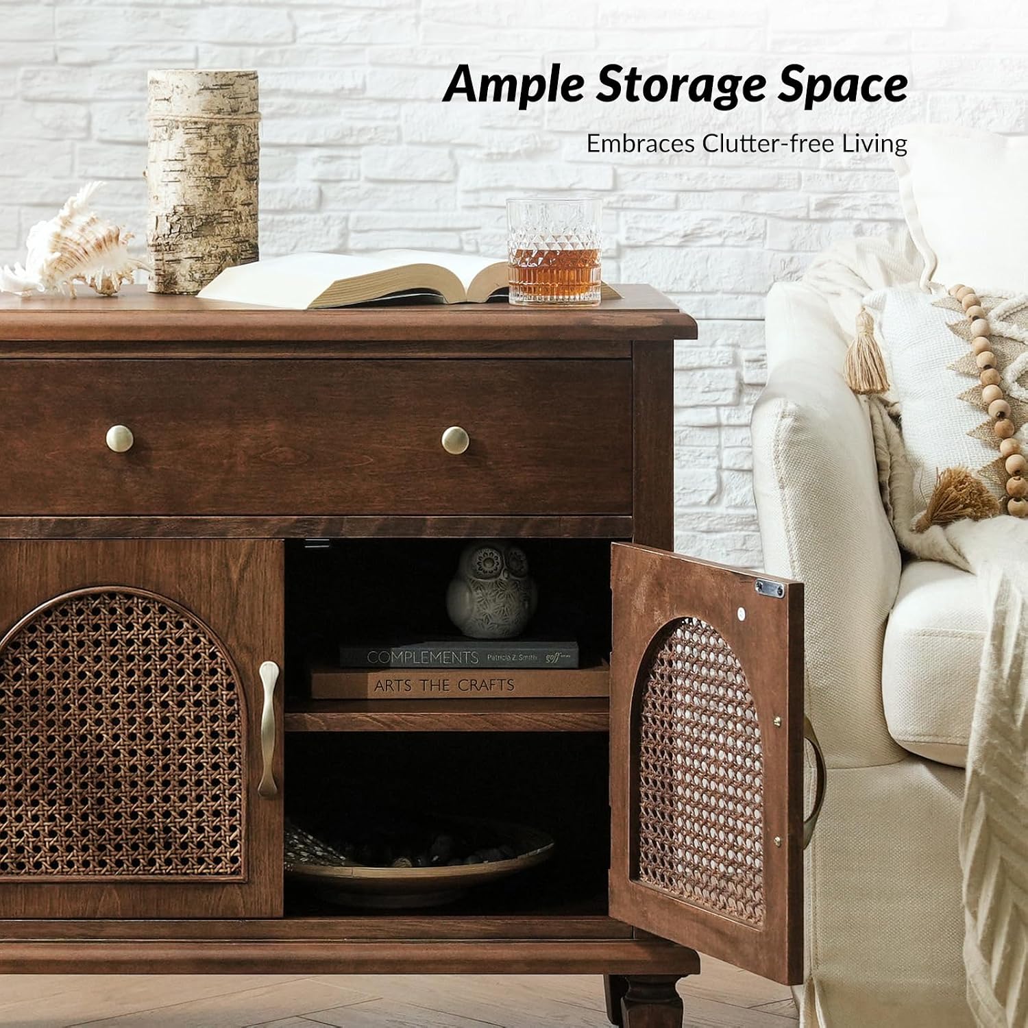 HULALA HOME End Table with Doors and Drawer, Traditional Side Table with Solid Wood Legs, Adjustable Shelf, Charging Station, Walnut