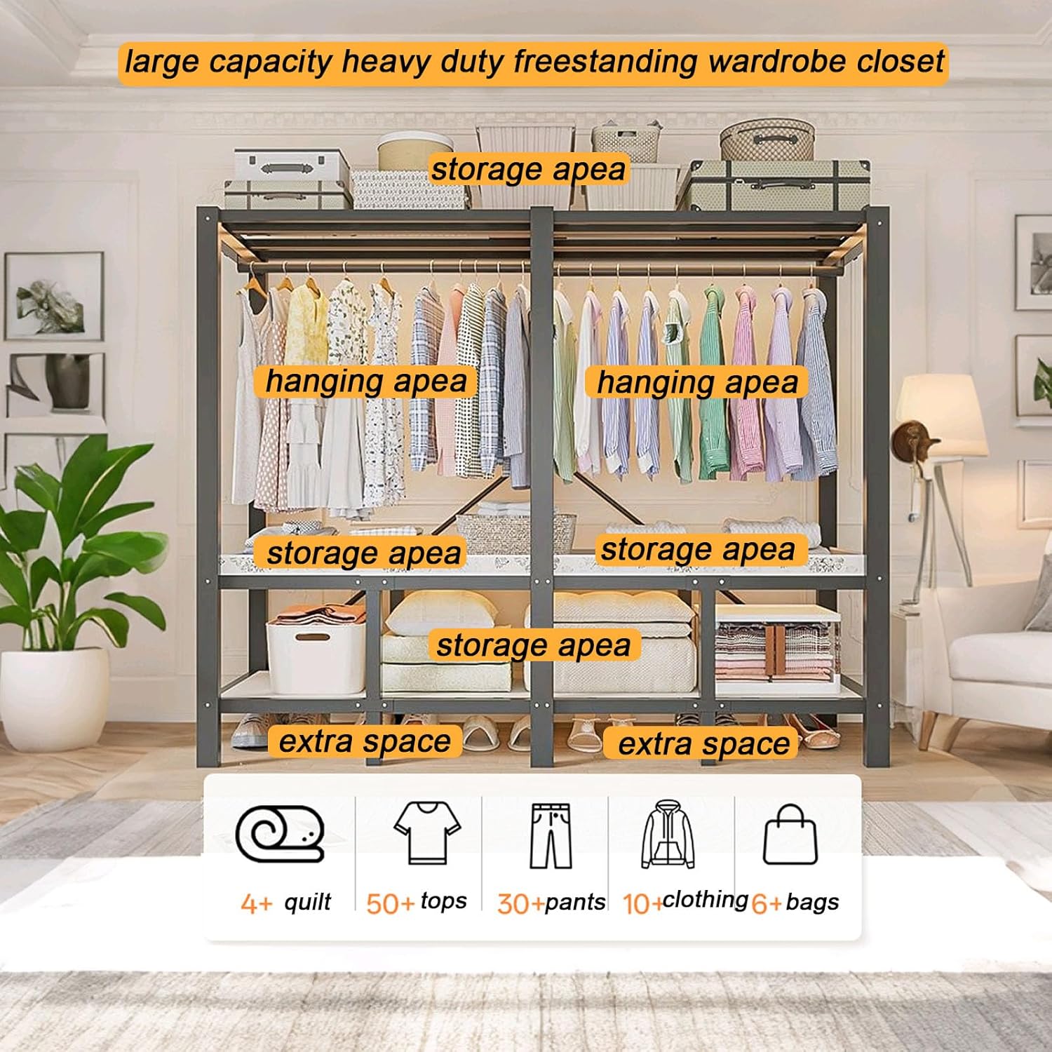Foldable Portable Closet Wardrobe on Wheel Heavy Duty Metal Clothing Rack with Cover Freestanding Armoire Storage System Rolling Garment Racks for Hanging Clothes (D,Black Cover, 150cm/59.1in)