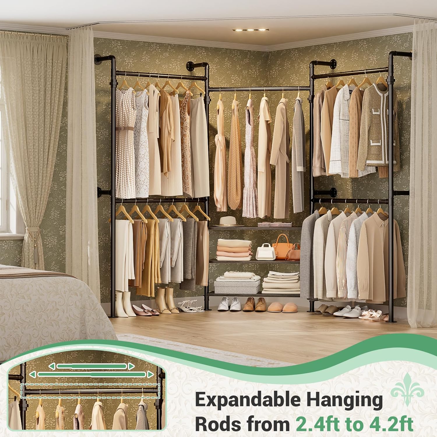 Aheaplus Expandable Industrial Pipe Clothing Rack, 7.3-10.9Ft Wall Mounted Closet System, Reversible L Shaped Clothes Rack for Hanging Clothes,Heavy Duty Corner Wardrobe Closet Garment Rack, Black Oak