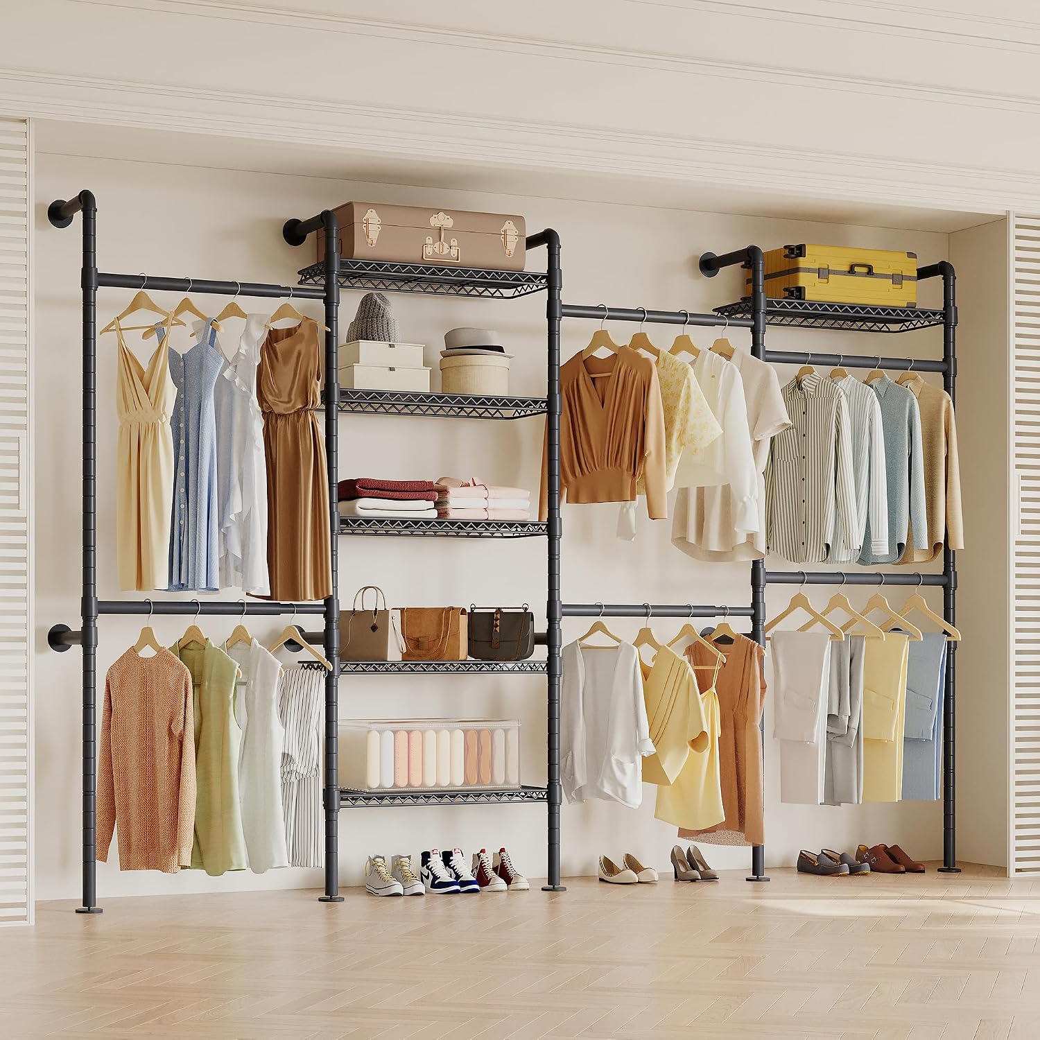 Higeego W4 Industrial Pipe Clothing Rack Wall Mounted Closet System Expandable Clothes Rack for Hanging Clothes, Heavy Duty Garment Rack Adjustable for Walk in Closet, Black