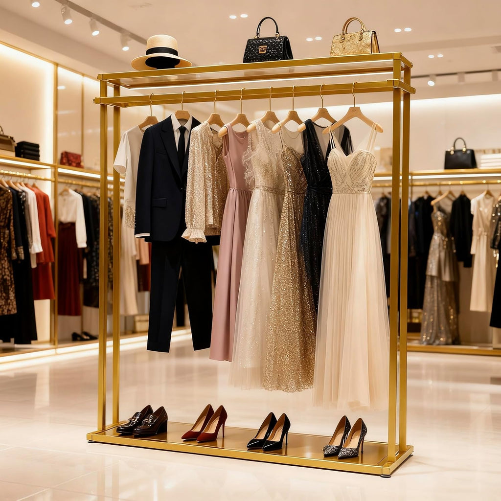 Retail Clothes Display Wedding Dress Rack Heavy Duty Metal Gold Garment Rack, Clothing Store Studio Boutique Racks for Hanging Long Dresses Wedding Dress Commercial Floor-Standing Shelves 67 inch