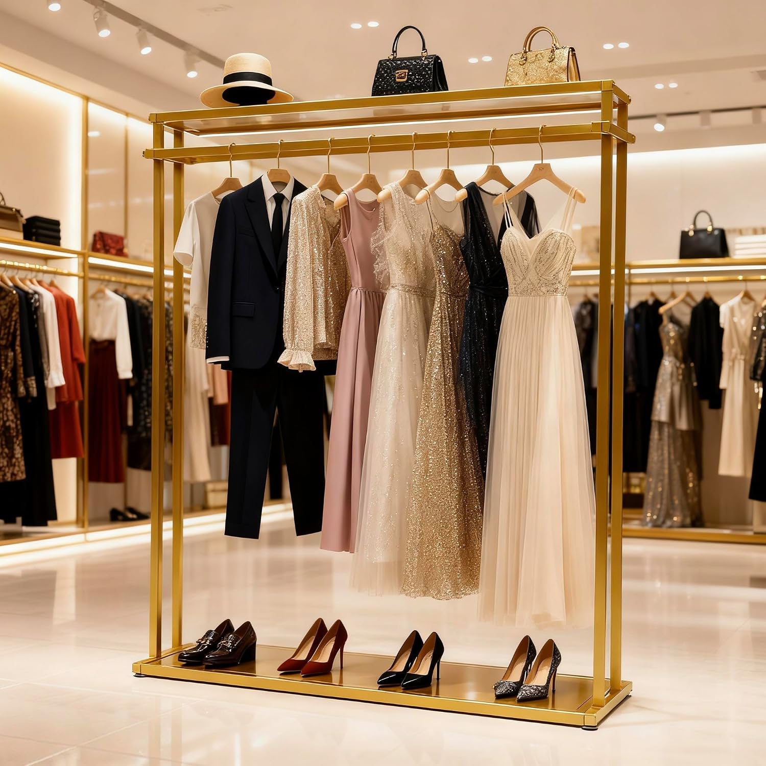 Retail Clothes Display Wedding Dress Rack Heavy Duty Metal Gold Garment Rack, Clothing Store Studio Boutique Racks for Hanging Long Dresses Wedding Dress Commercial Floor-Standing Shelves 67 inch