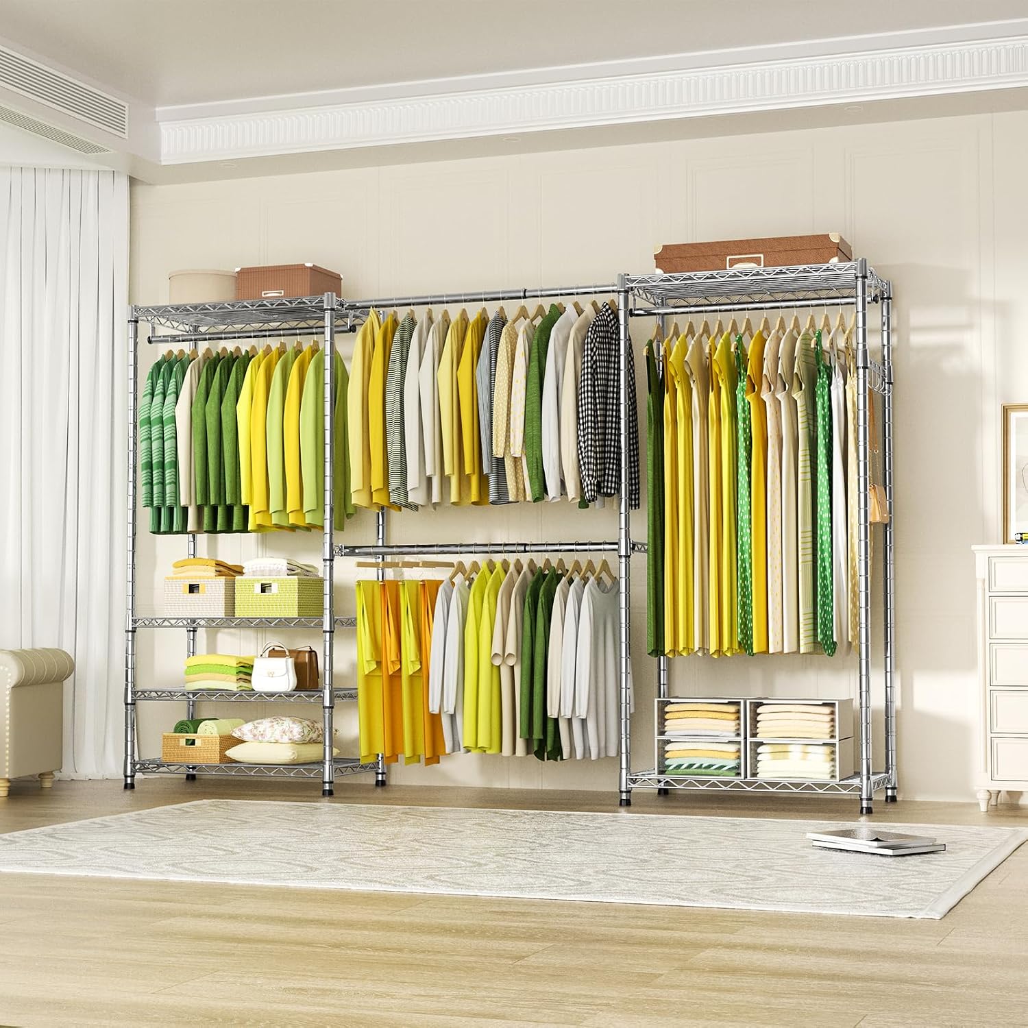 Ulif E1 Heavy Duty Closet Garment Rack, 6 Tiers Adjustable Metal Freestanding Expandable Clothing Storage with 4 Hanger Rods, Easy to Assemble Wardrobe, 71.4' H x (70' - 88.2') L x 14' D, Chrome
