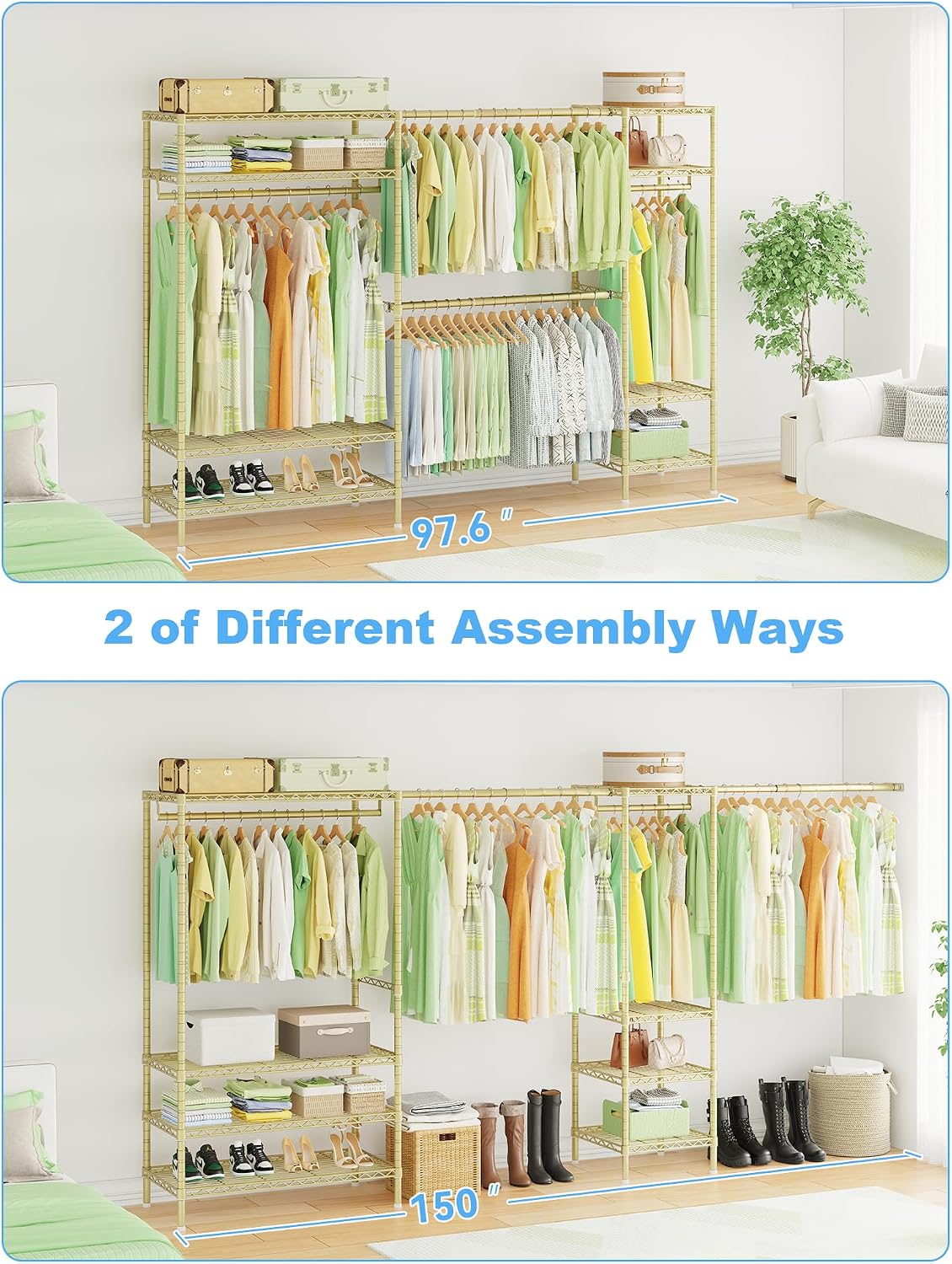 Ulif E11 Heavy-Duty Garment Rack, Metal Freestanding Clothes Rack and Closet Storage Organizer System with 8 Shelves and 4 Hanger Rods, (73.2-97.6)' W x 14.5' D x 71.2' H, Load 1034 LBS, Gold