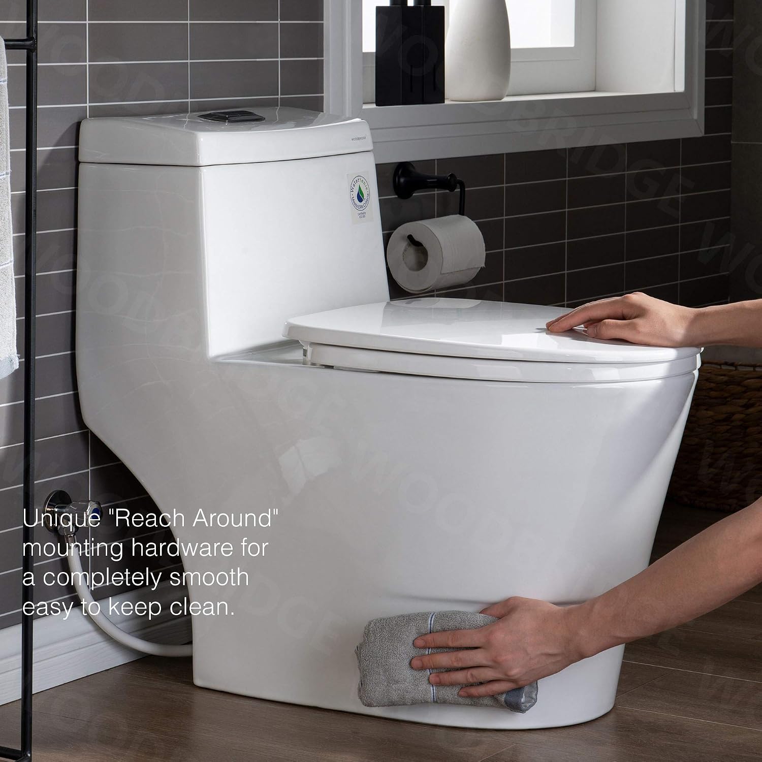 WOODBRIDGEE One Piece Toilet with Soft Closing Seat, Chair Height, 1.28 GPF Dual, Water Sensed, 1000 Gram MaP Flushing Score Toilet with Mattle Black, White,B0940-F-MB