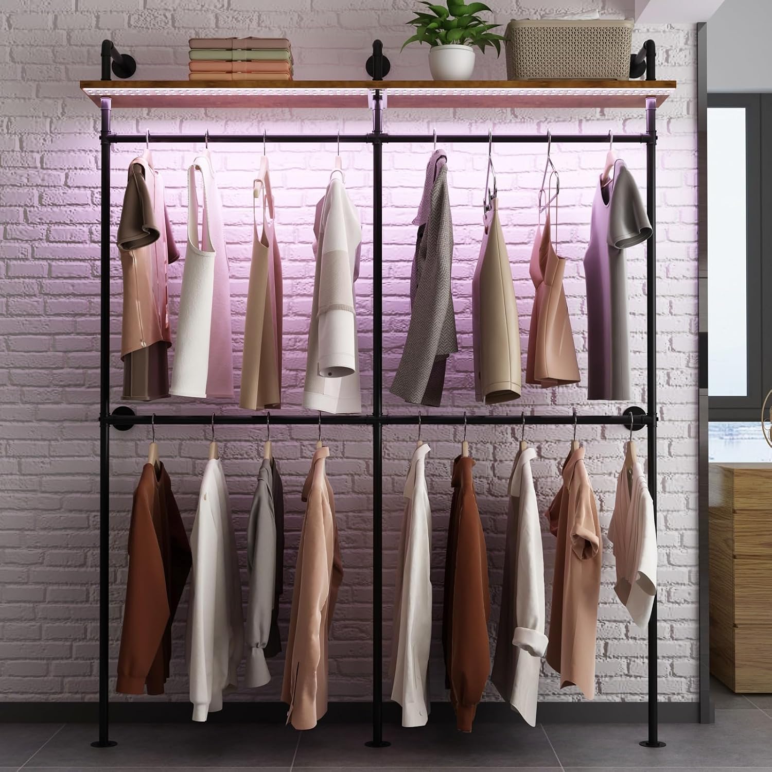 Industrial Pipe Clothing Racks with Shelves & LED Lights, 79' Wall Mounted Clothes Rack for Hanging Clothes, Heavy Duty Industrial Pipe Shelving for Walk-in Closet Storage, Black