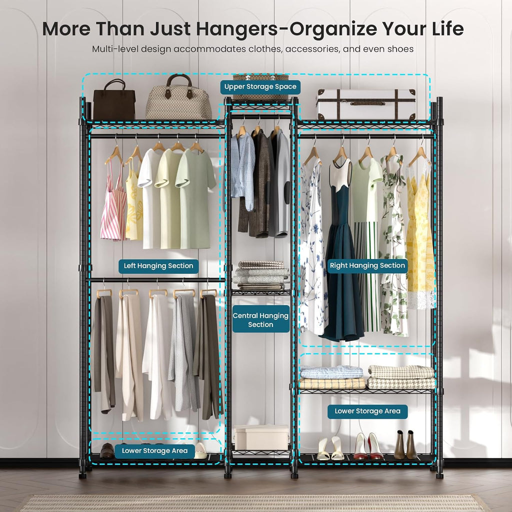 Garment Rack Heavy Duty Clothes Rack Adjustable Freestanding Metal Portable Wardrobe Closet Rack with Shelves for Hanging Clothes - 72' L x 14' W x 75' H, Black