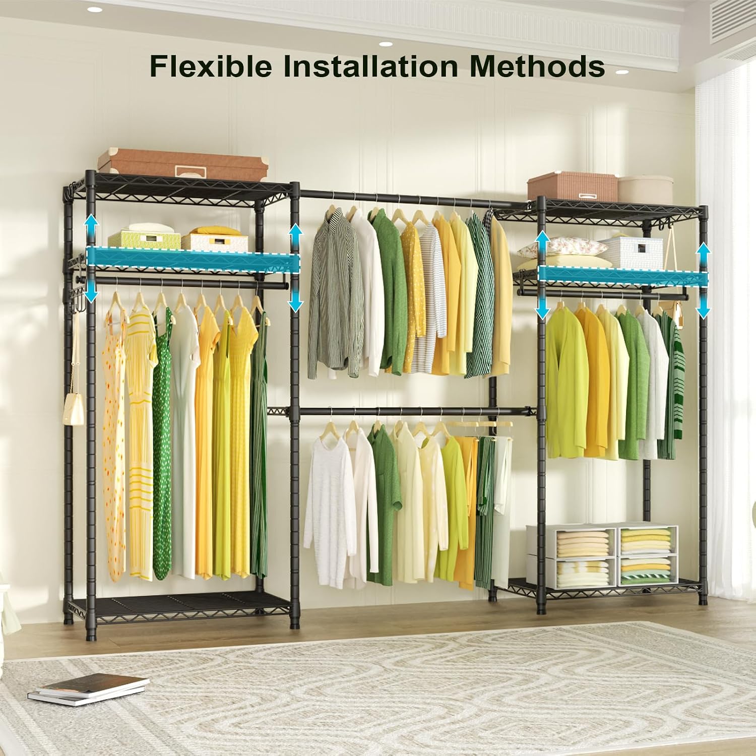 Ulif E1 Heavy Duty Closet Garment Rack, 6 Tiers Adjustable Metal Freestanding Expandable Clothing Storage with 4 Hanger Rods, Easy to Assemble Wardrobe Suit for 70 to 88.2' Space, 14'D x 71.4'H, Black