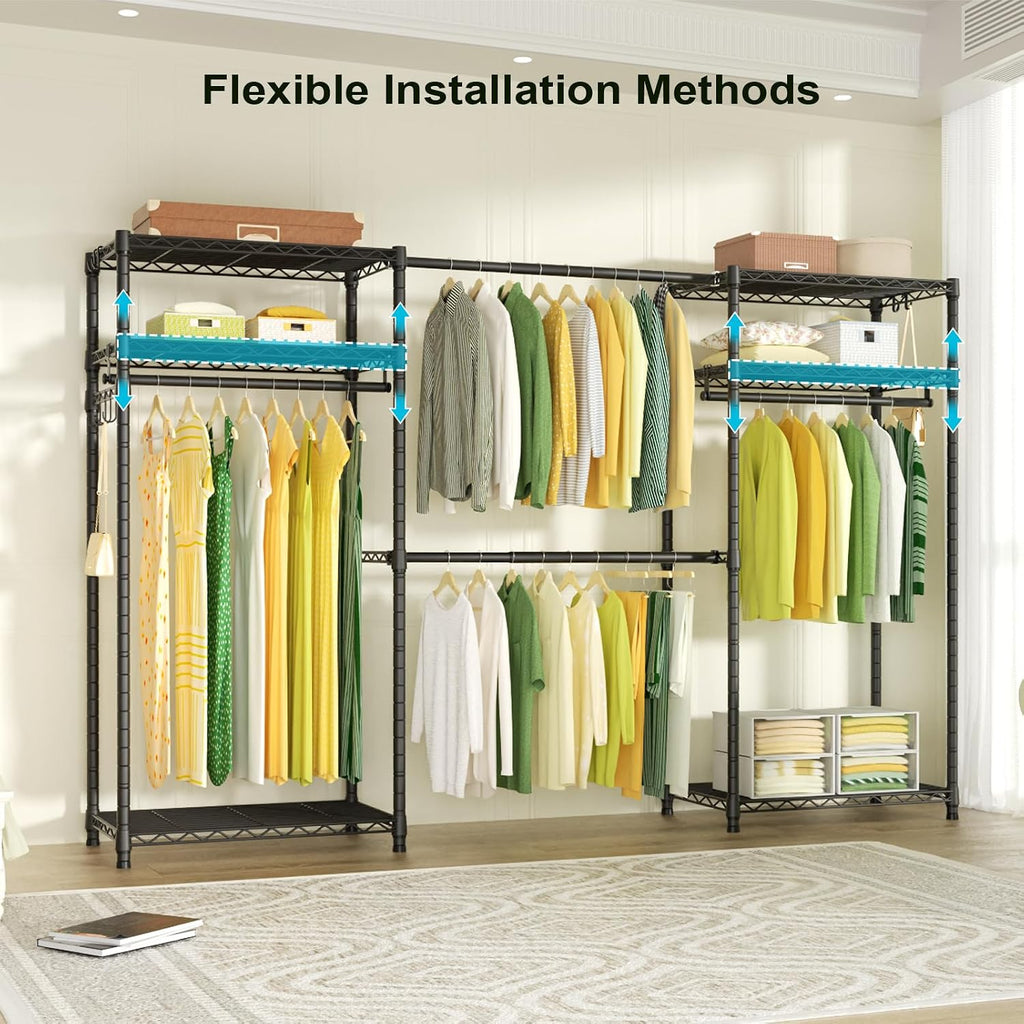 Ulif E1 Heavy Duty Closet Garment Rack, 6 Tiers Adjustable Metal Freestanding Expandable Clothing Storage with 4 Hanger Rods, Easy to Assemble Wardrobe, Matte Black