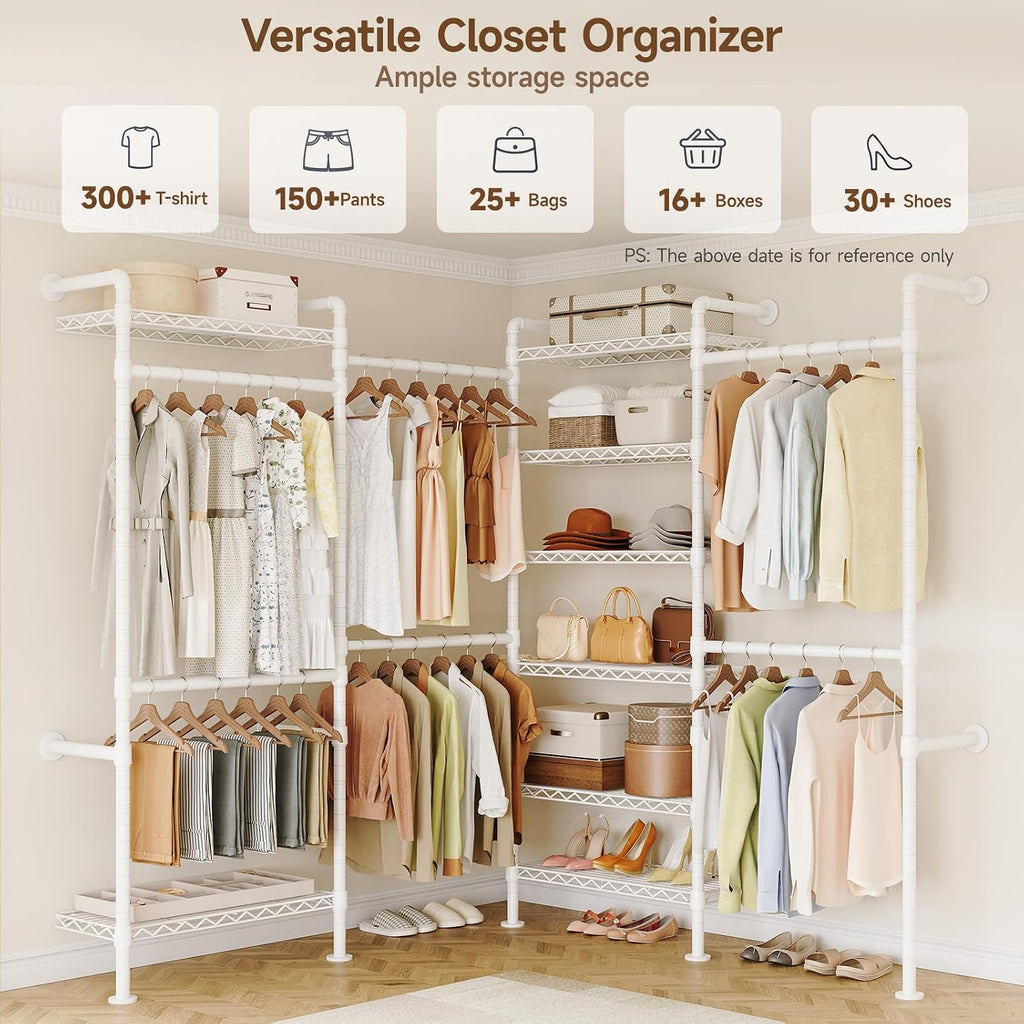 ONBRILL L4 Wall Mounted Industrial Pipe Clothing Rack, Closet Organizer System with 6 Hanging Clothes Rods ( 4 Expandable Rods) & 8 Shelves, Heavy Duty Corner Garment Rack, Large Wardrobe - White