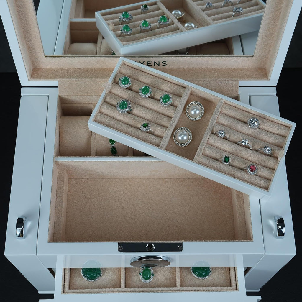White Wood Jewelry Box, Large Size, Fingerprint Unlock, Seven Level Jewelry Organizer with Necklace Hanger and Mirror, High Gloss Lacquer Finish (5L-WT)