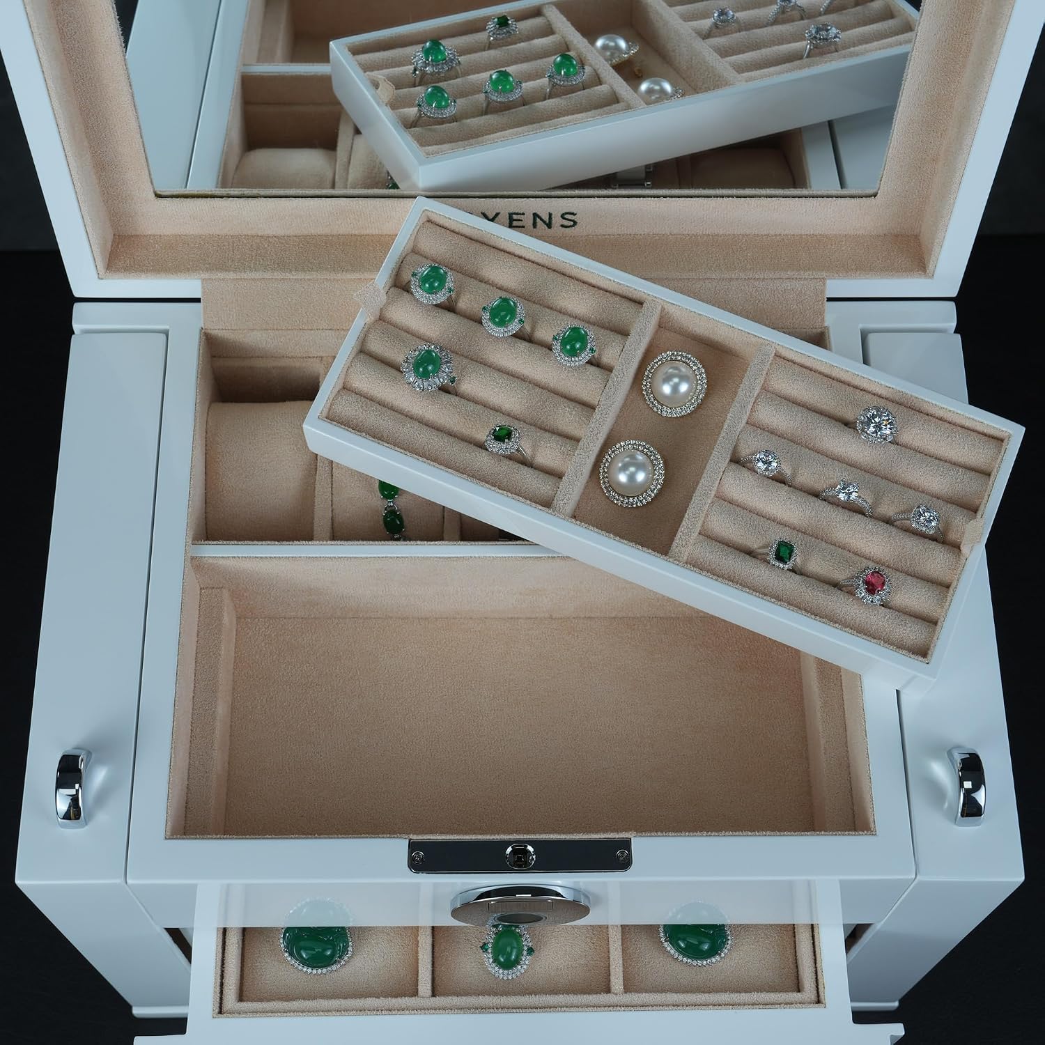 White Wood Jewelry Box, Large Size, Fingerprint Unlock, Seven Level Jewelry Organizer with Necklace Hanger and Mirror, High Gloss Lacquer Finish (5L-WT)