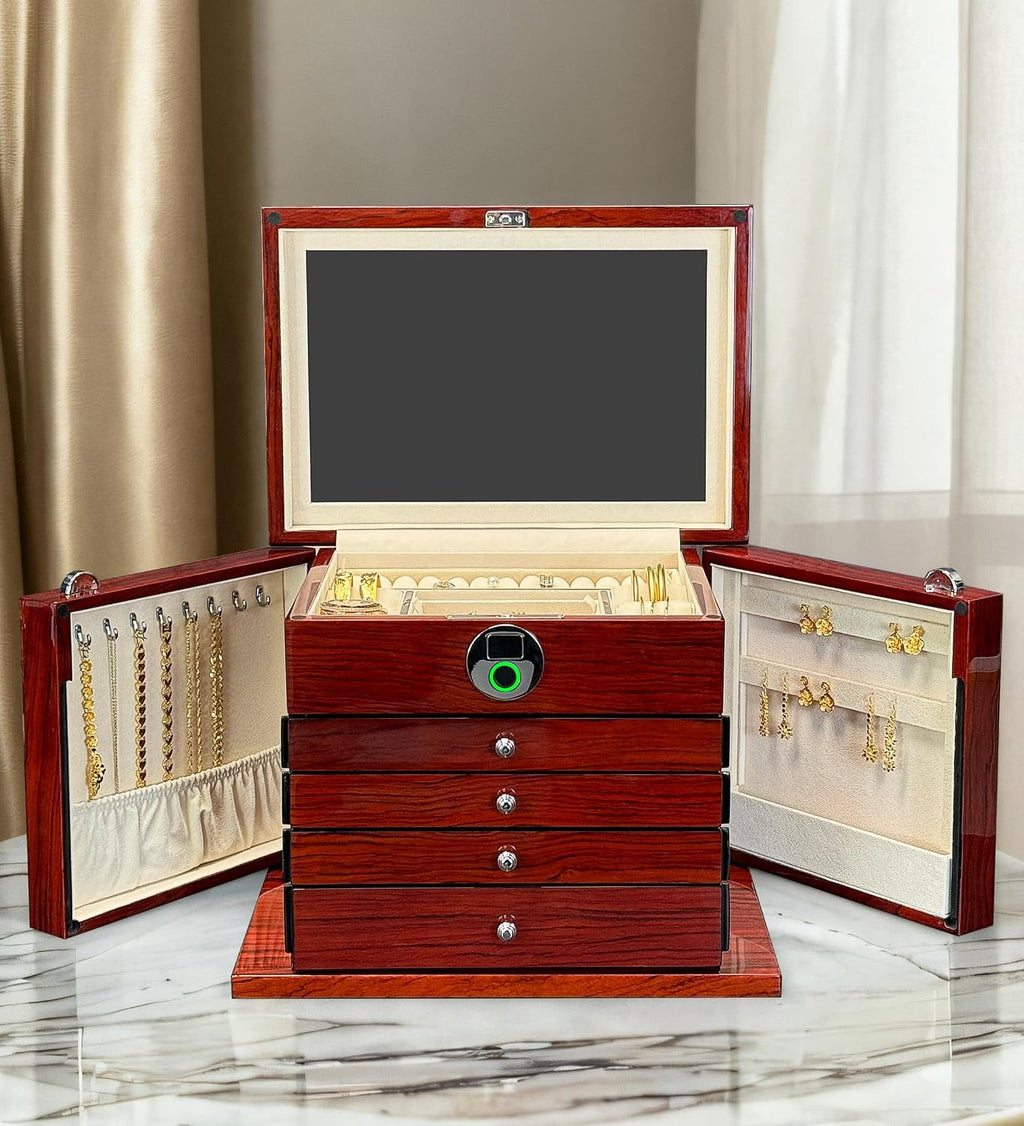 Jewelry Box Wood Jewel Organizer with Fingerprint Lock Safe, 7-Layer Large Locking Jewelry Storage Box with Necklace Hanger for Women Mens Gift (5L-RS)