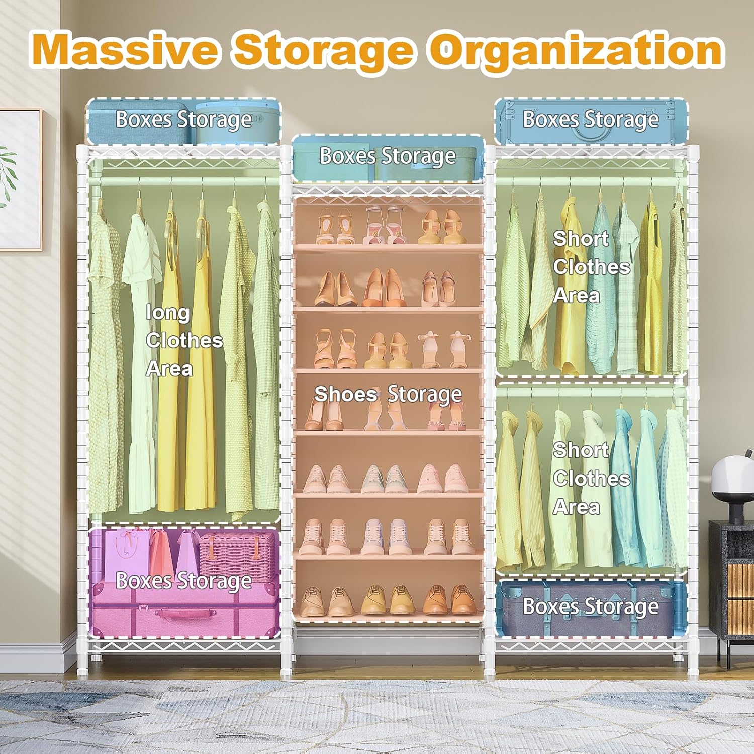 ULIFHOME E16 Heavy Duty Clothing Rack（With 7-Tier Adjustable Shoe Rack） Freestanding Clothes Rack for Hanging Clothes，Metal Closet Storage Organizer Large Wardrobe，69'' W x 15.8'' D x 76.2'' H，White