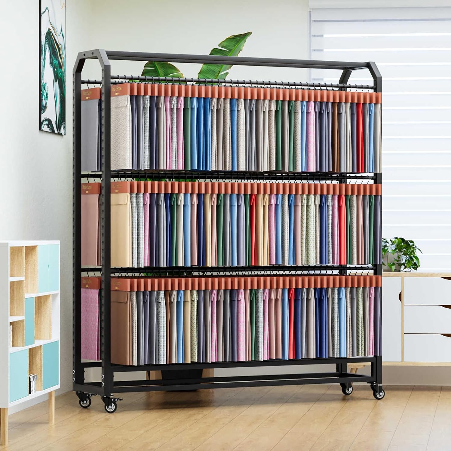 16 rods Commercial Fabric Roll Storage Rack, Large Textile Fabric Display Rack with Adjustable Hanging Rod, Movable Organizer Holder for Vinyl Roll/Leather Roll/Curtain Studio/Wallpaper (16 rods)