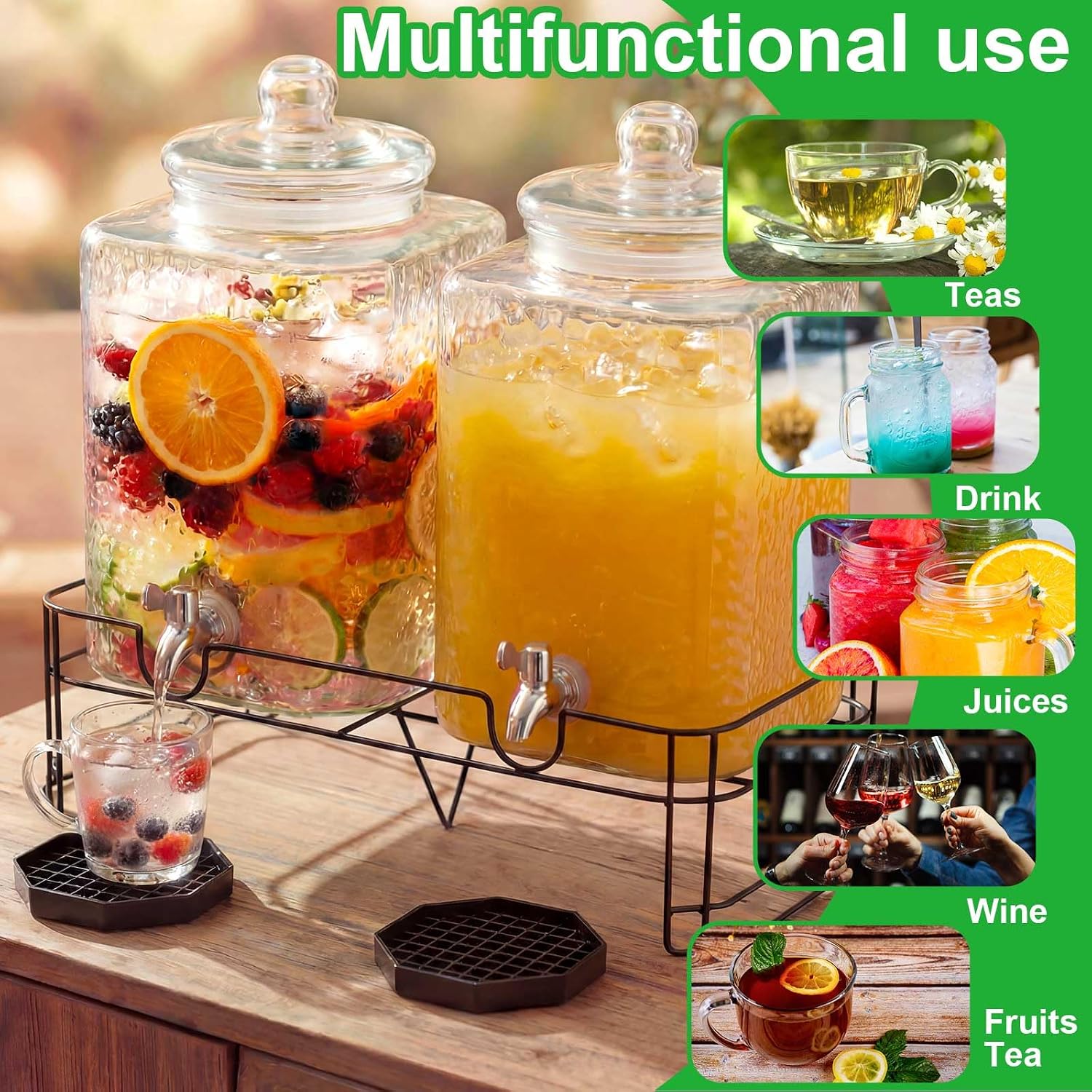 2 Pack 5 Gallon Drink Dispenser with Stand for Parties, Hammered Glass Beverage Dispensers, Stainless Steel Spigots and Drip Trays, Water Jar Jug for Lemonade, Juice, Tea and Party Drinks