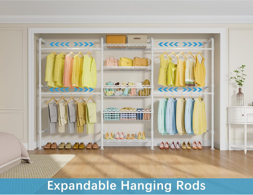 Timate X3i Garment Rack for Hanging Clothes Load 980lbs, Expandable Wall Mounted Closet System with Baskets Industrial Pipe Heavy Duty Clothes Rack Walk in Closet, Adjustable from 5'10' to 8'3', White