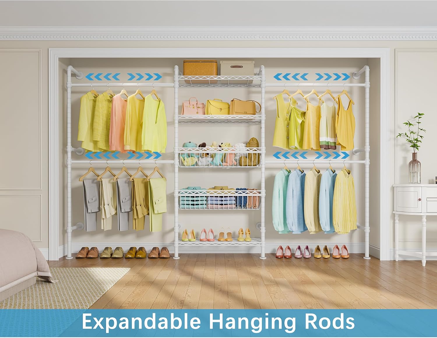 Timate X3i Garment Rack for Hanging Clothes Load 980lbs, Expandable Wall Mounted Closet System with Baskets Industrial Pipe Heavy Duty Clothes Rack Walk in Closet, Adjustable from 5'10' to 8'3', White