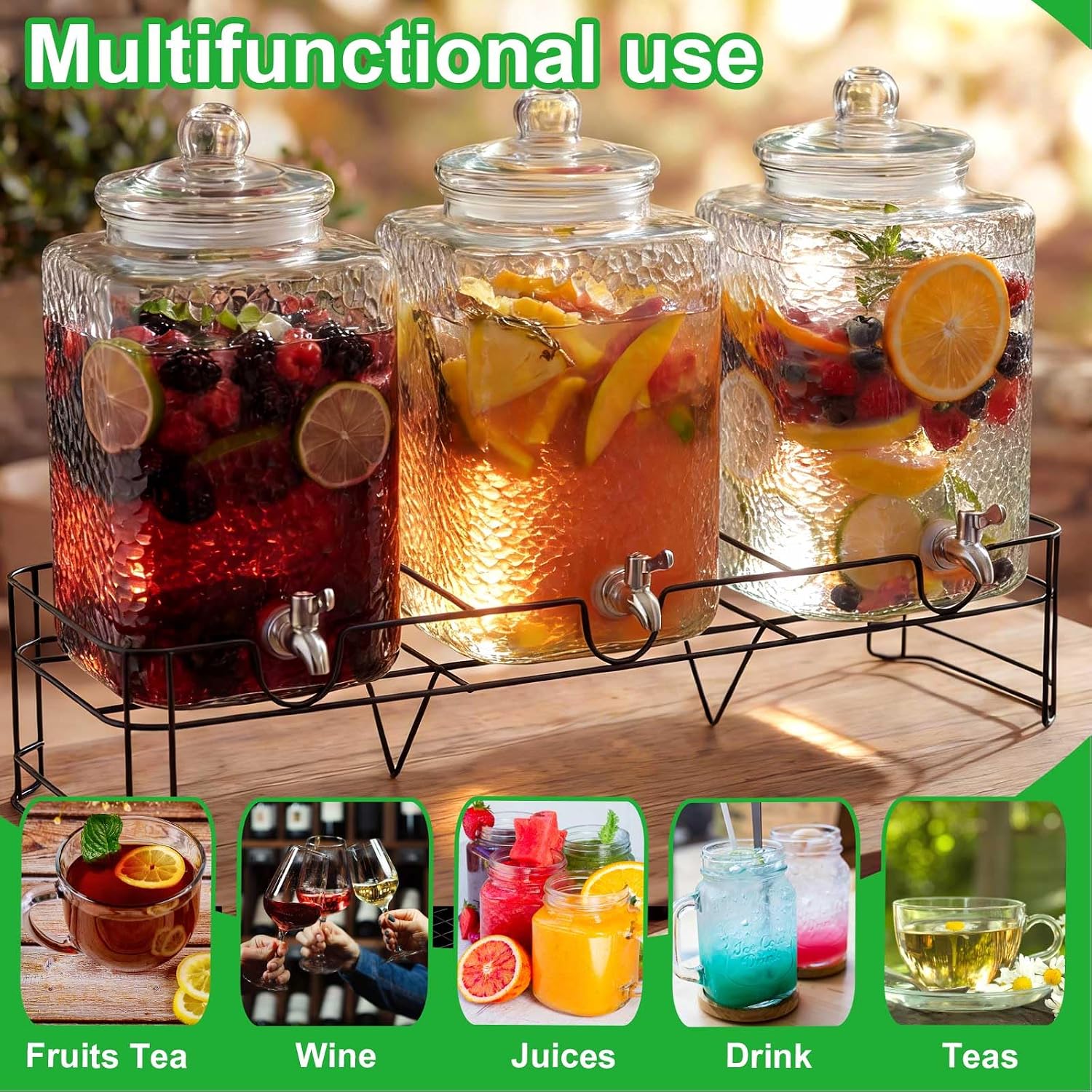 3 Pack 5 Gallon Glass Drink Dispensers with Stand for Party, Leak Proof Large Beverage Dispensers Jugs with Stainless Steel Spigots for Party, Wedding, Juice, Lemonade Iced Tea and More