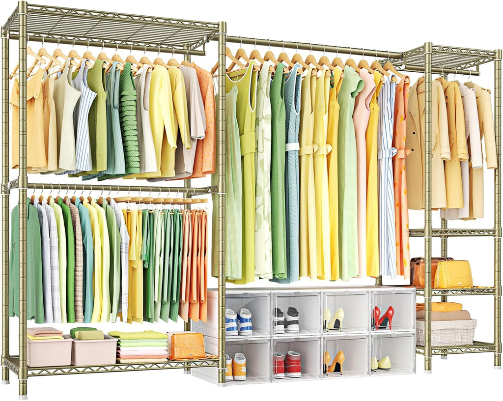 Ulif E10 Clothes Rack（With Stretchable Hanger Rod）Freestanding Clothing Racks for Hanging Clothes，Adjustable Closet Organizer System，Portable Garment Rack 73-97'W x 15' D x 72' H，Max Load 800LBS，Gold