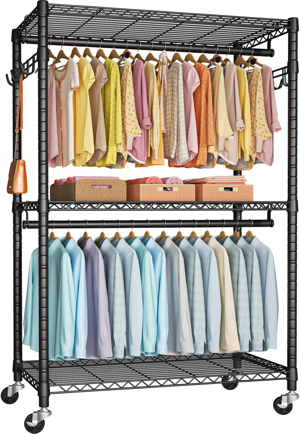 FUTASSI P1 Plus Rolling Clothes Rack, 22mm Diameter Heavy Duty Garment Rack with Wheels, Portable Closet Wardrobe with Double Rods, 45' W x 17.7' D x 80.5' H, Max Load 524 LBS, Black
