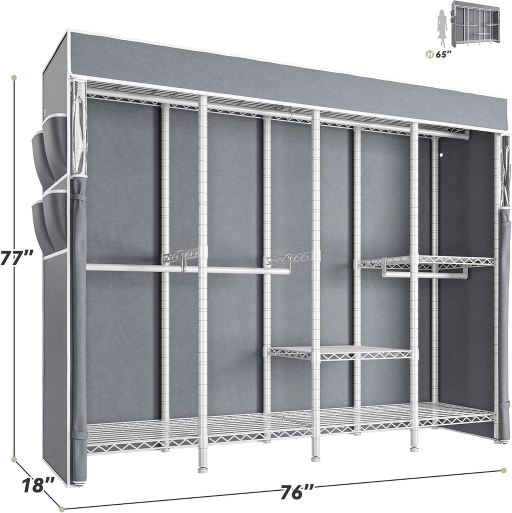Raybee Clothes Rack with Cover,1150LBS Heavy Duty Clothing Rack for Hanging Clothes,Adjustable Portable,18' D x 76' W x 77' H,White