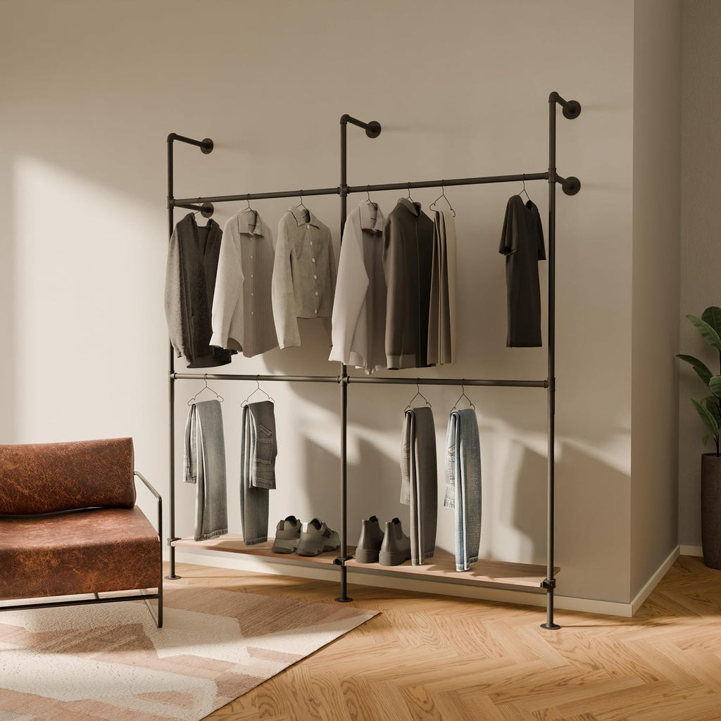 pamo Industrial Pipe Clothing Rack with Shelf – Wall Mounted Closet System, Black Powder-Coated Steel, Oak Boards – Walk-In Closet Organizer & Retail Clothing Rack