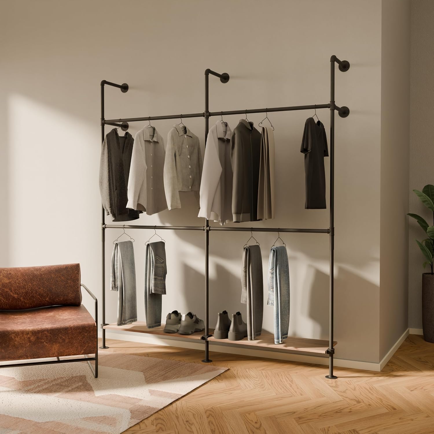 pamo Industrial Pipe Clothing Rack with Shelf – Wall Mounted Closet System, Black Powder-Coated Steel, Oak Boards – Walk-In Closet Organizer & Retail Clothing Rack