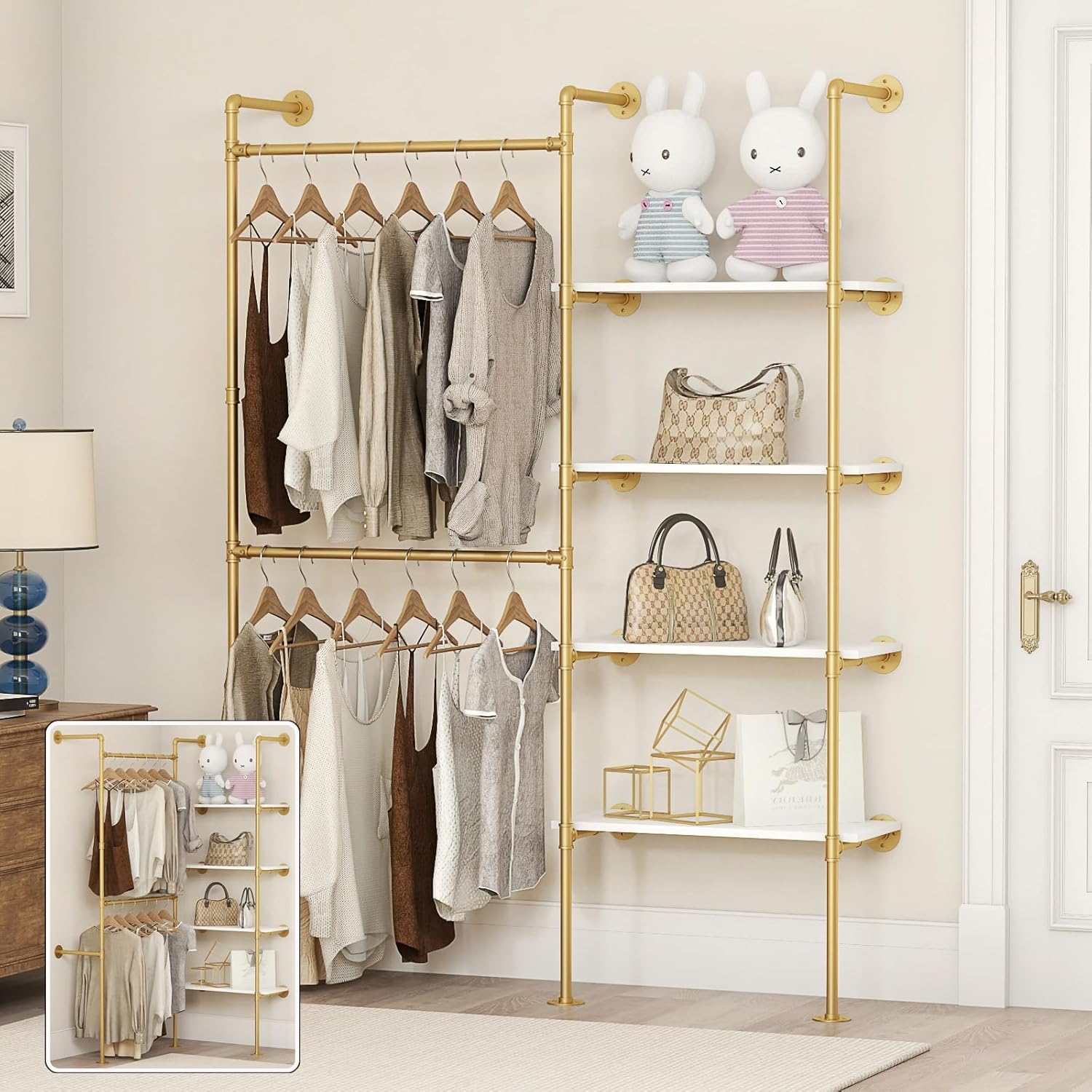 Industrial Pipe Clothing Rack, Heavy Duty Adjustable Garment Hanger with Shelves, 2 Installation Methods Closet Storage System for Wardrobe Organization (Gold, 80' H x 55' W)