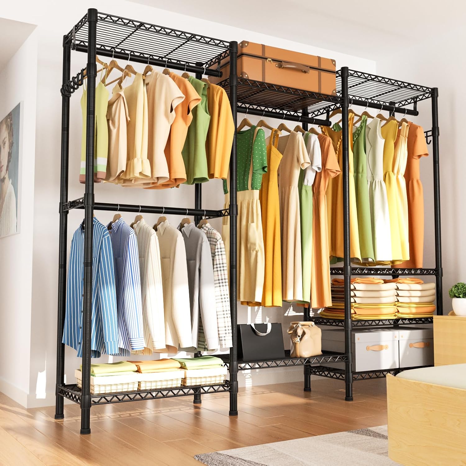 Golpart Heavy Duty Garment Rack Clothes Rack,Large Metal Closet Organizer System Storage Wardrobe,Freestanding Clothing Rack with 8 Adjustable Wire Shelves&4 Hang Rods,MaxLoad 800lbs