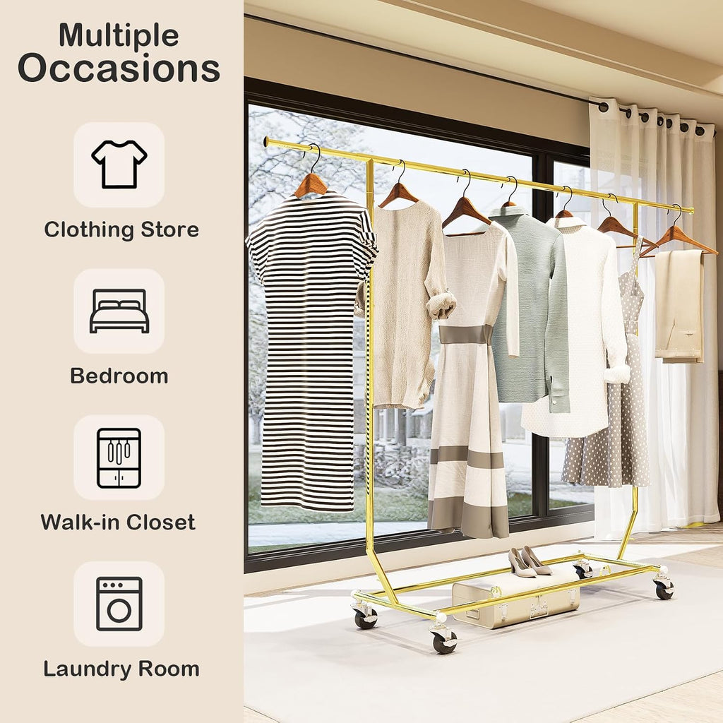 Collapsible Gold Clothes Rack Single Clothing Racks For Hanging Clothes Metal Clothing Hanging Rack Commercial Garment Rack With Wheels For Bedroom Balcony