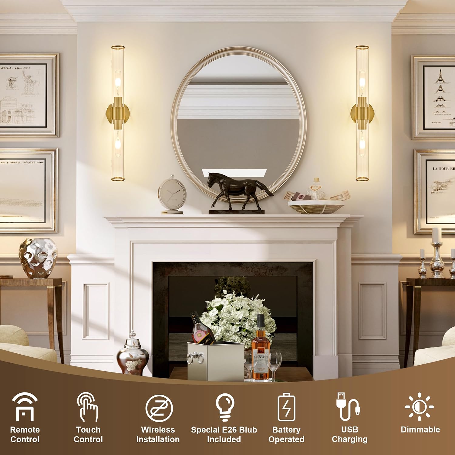 Morauroral Gold Battery Operated Wall Sconces Set of 2, Rechargeable Wall Lights with Remote Control, 20 Inch Modern Wireless Wall Lamp for Bedroom, Living Room with Clear Glass Shade (Bulbs Included)