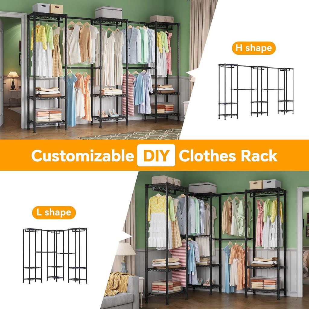 Higeego H11 Large Clothing Rack for Hanging Clothes Heavy Duty Garment Rack, Freestanding Wardrobe Closet Organizer and Storage with Expandable Hanger Rods, Extendable from 7.8 to 10.8 ft, Black