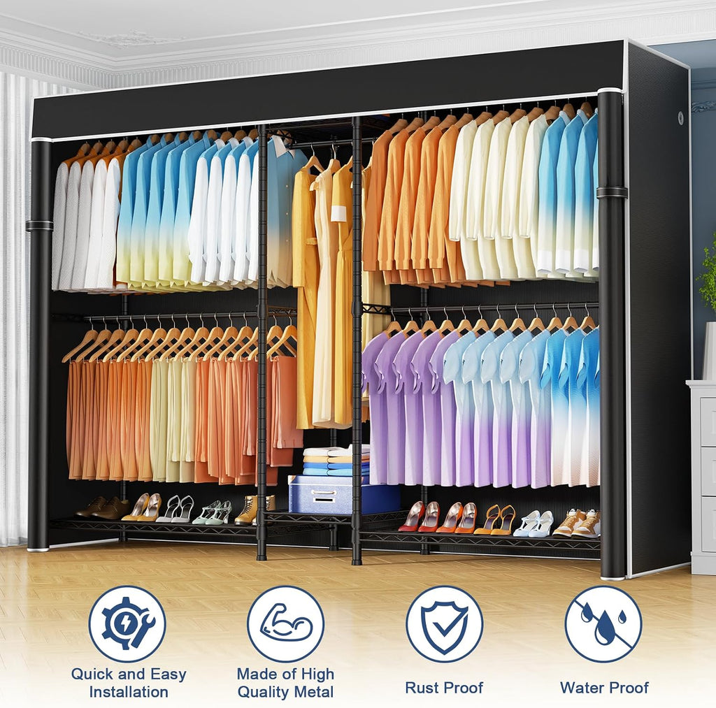 Ulif E12C Max Heavy Duty Closet Organizer System，Freestanding Clothing Rack, Adjustable Garment Rack 83' W x 16' D x 76.5' H Holds 1060 lbs, Black Clothing Rack with Black Dustproof Cover