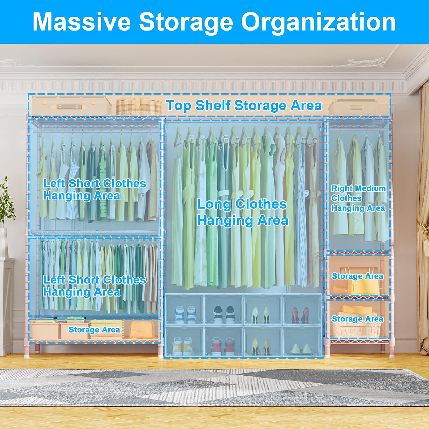 Ulif E10 Clothes Rack（With Stretchable Hanger Rod）Freestanding Clothing Racks for Hanging Clothes，Adjustable Closet Organizer System，Portable Garment Rack 73-97'W x 15' D x 72' H，Max Load 800LBS，Pink
