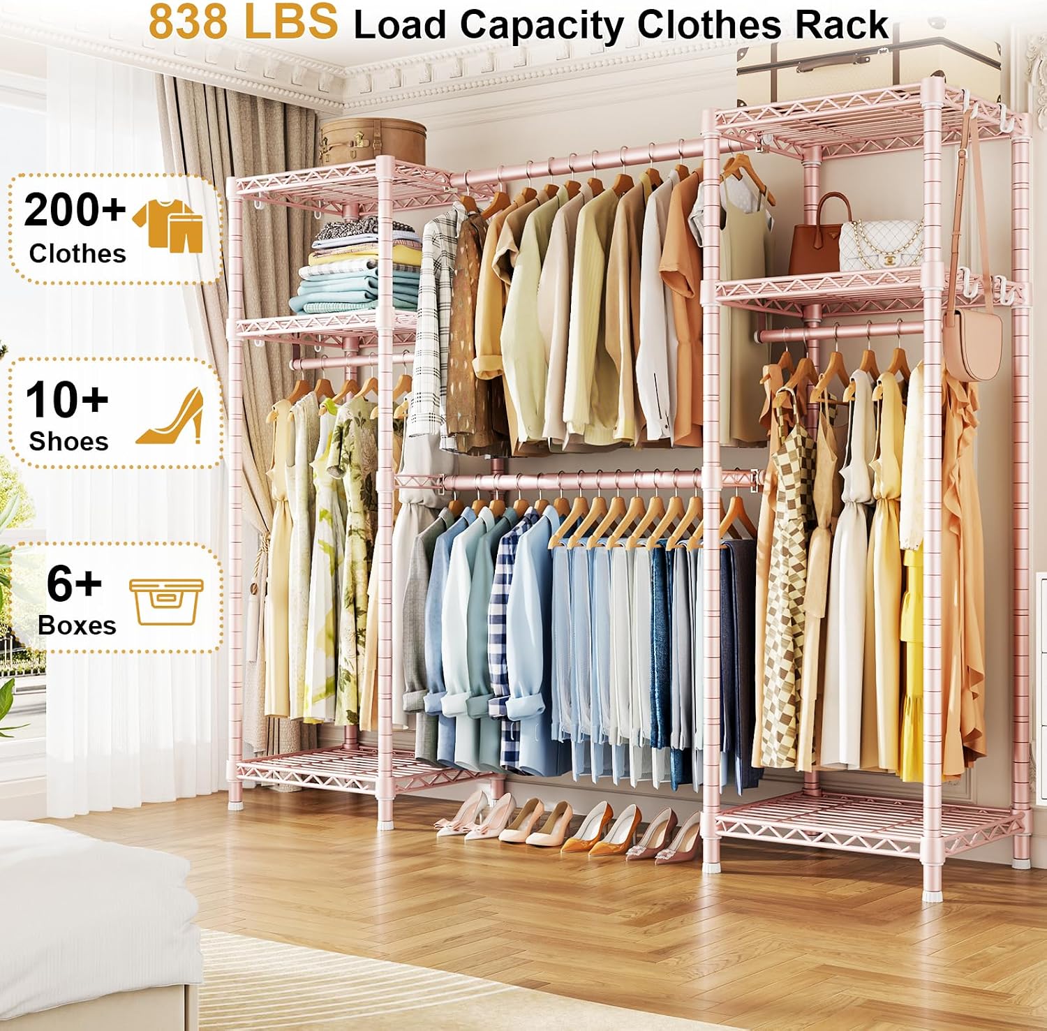 Ulif E7 Garment Rack, Heavy Duty Clothes Storage System with Extendable Hangers Rods, Metal Clothing Rack with 6 Wire Shelves, (52.3'-72') W x 14.5' D x 71.2' H, Load 838lbs, Pink