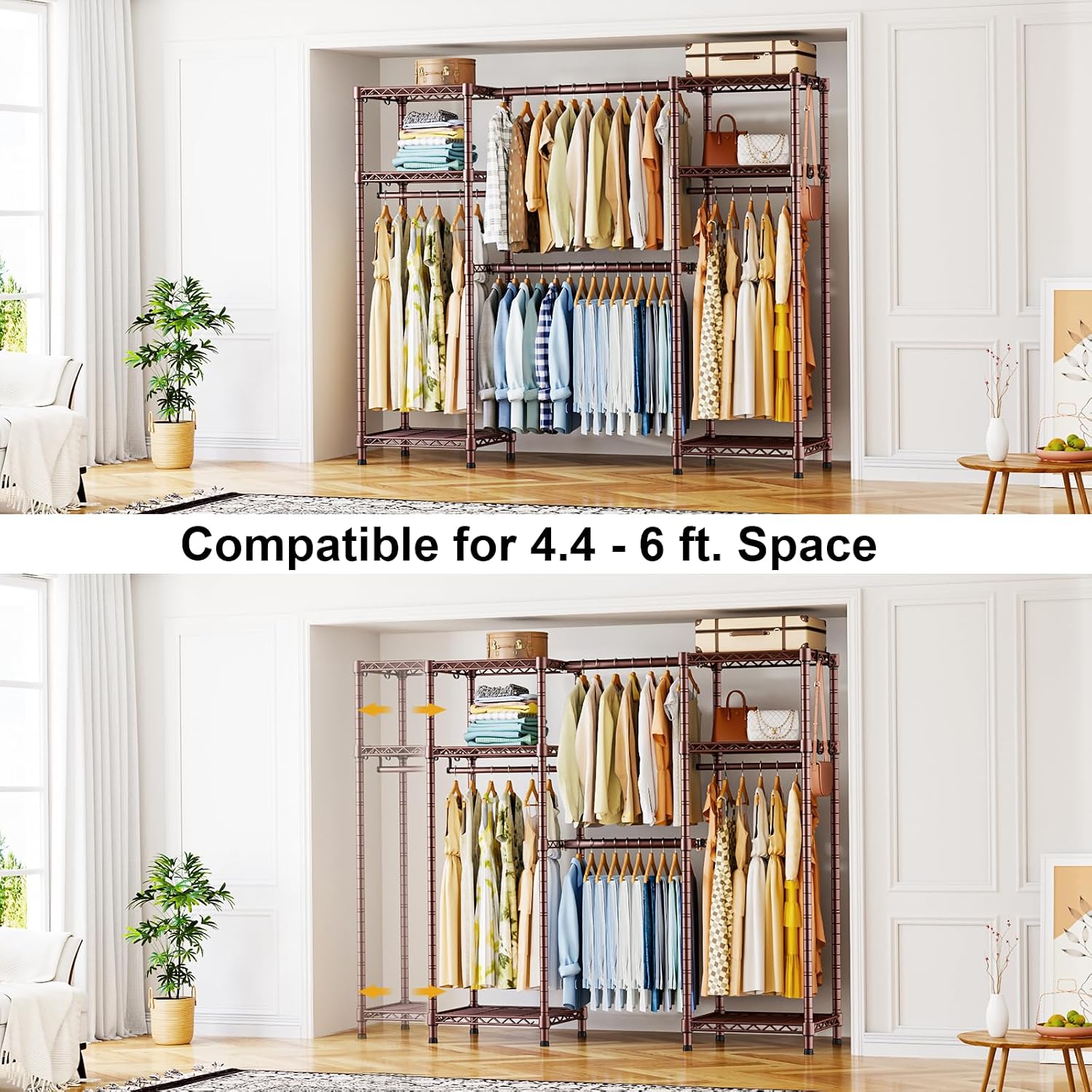 Ulif E7 Garment Rack, Heavy Duty Clothes Storage System with Extendable Hangers Rods, Metal Clothing Rack with 6 Wire Shelves, (52.3'-72') W x 14.5' D x 71.2' H, Load 838lbs, Bronze